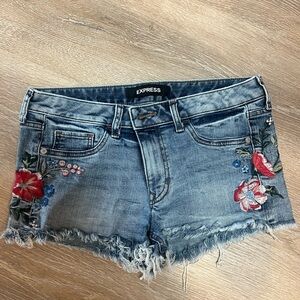 Express Women's Denim Shorts with Red and Blue Floral Accents